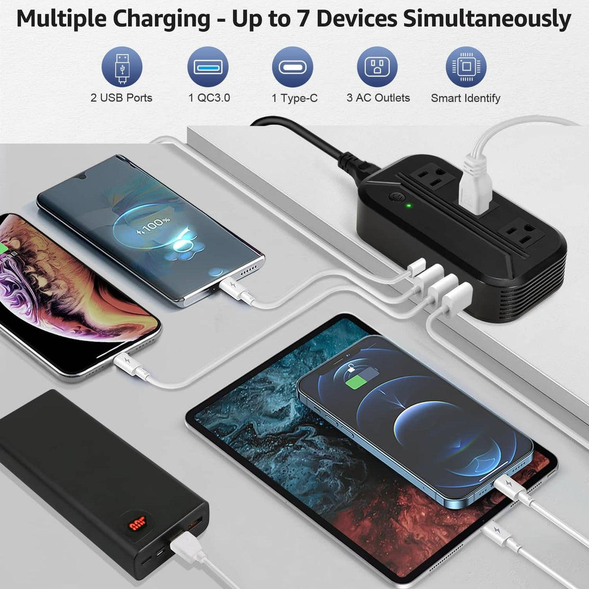 Voltage step-down power converter with AC outlet strip and multiple USB ports