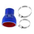Blue silicone straight reducer hose coupler with red opening plus two stainless clamps