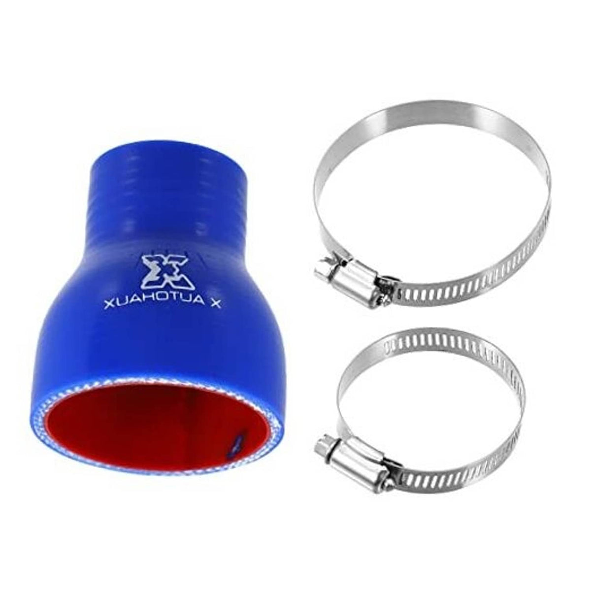 Blue silicone straight reducer hose coupler with red opening plus two stainless clamps