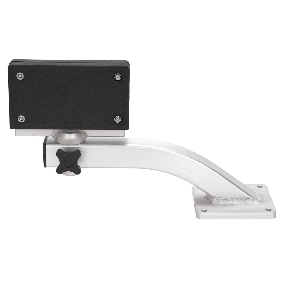 Painted trolling motor bracket with black mounting plate and curved silver arm