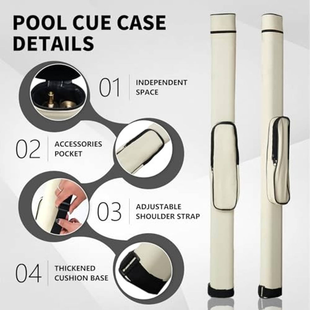 Two cream cue cases standing, rounded ends with black zipper trim