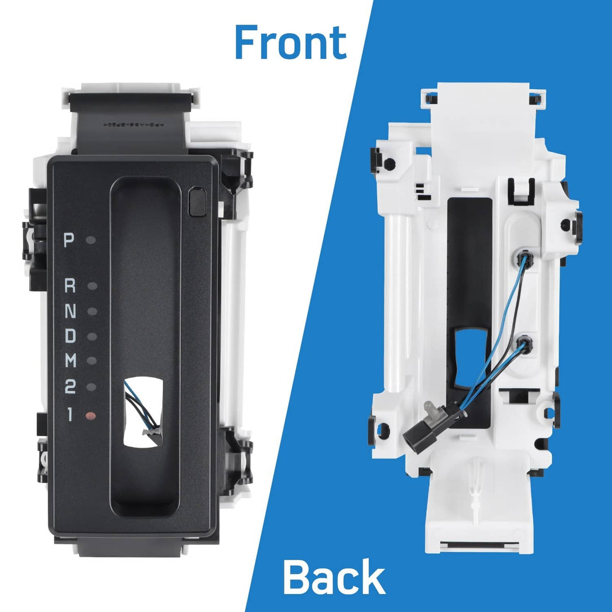 Automatic gear selector cover, front and back assembly view in black and white