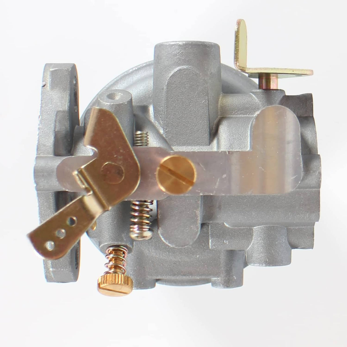 Carburetor with brass linkage, adjuster screw, and silver cast housing