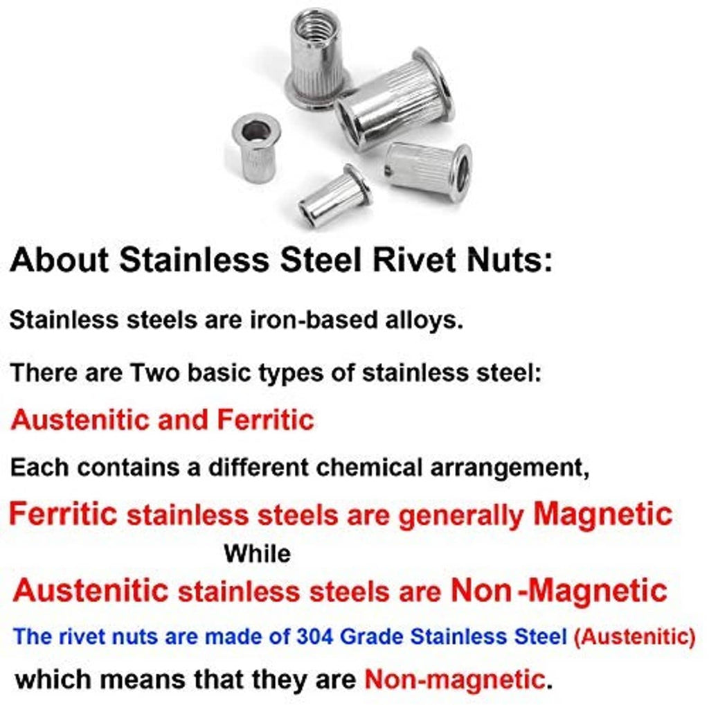 Rivet nuts information card about stainless types and 304 grade, non-magnetic