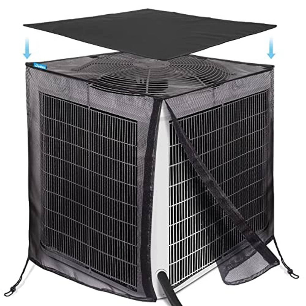 Outdoor air conditioner cover in dark mesh fabric with vented top and diagonal strap detail