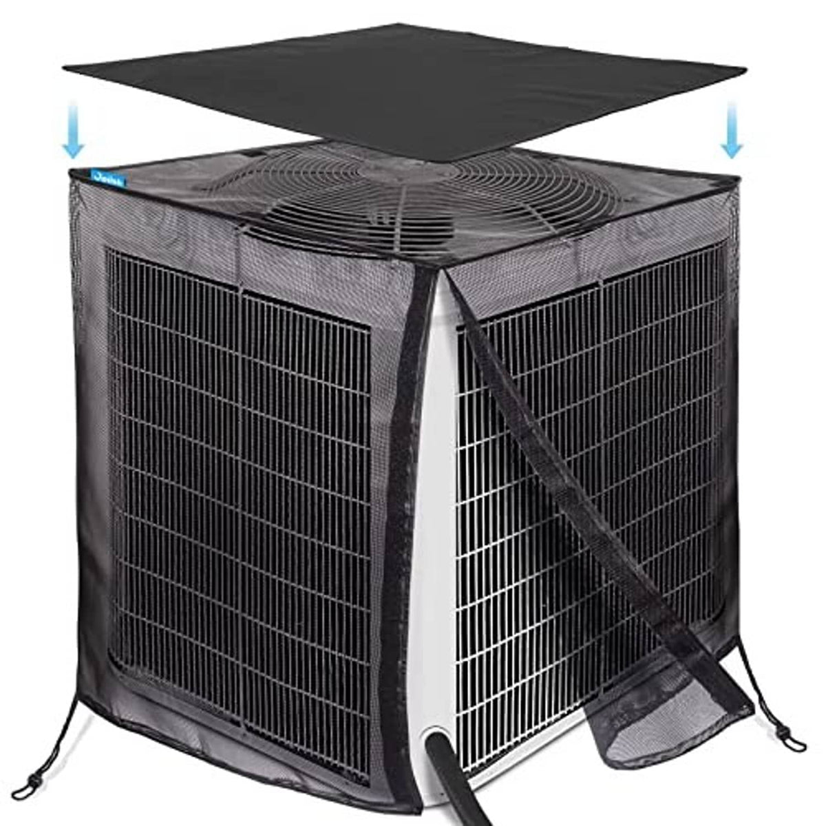 Outdoor air conditioner cover in dark mesh fabric with vented top and diagonal strap detail
