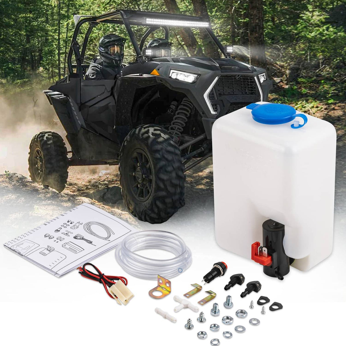 Windshield washer reservoir kit with white tank, blue cap, clear hose, pump, and fittings