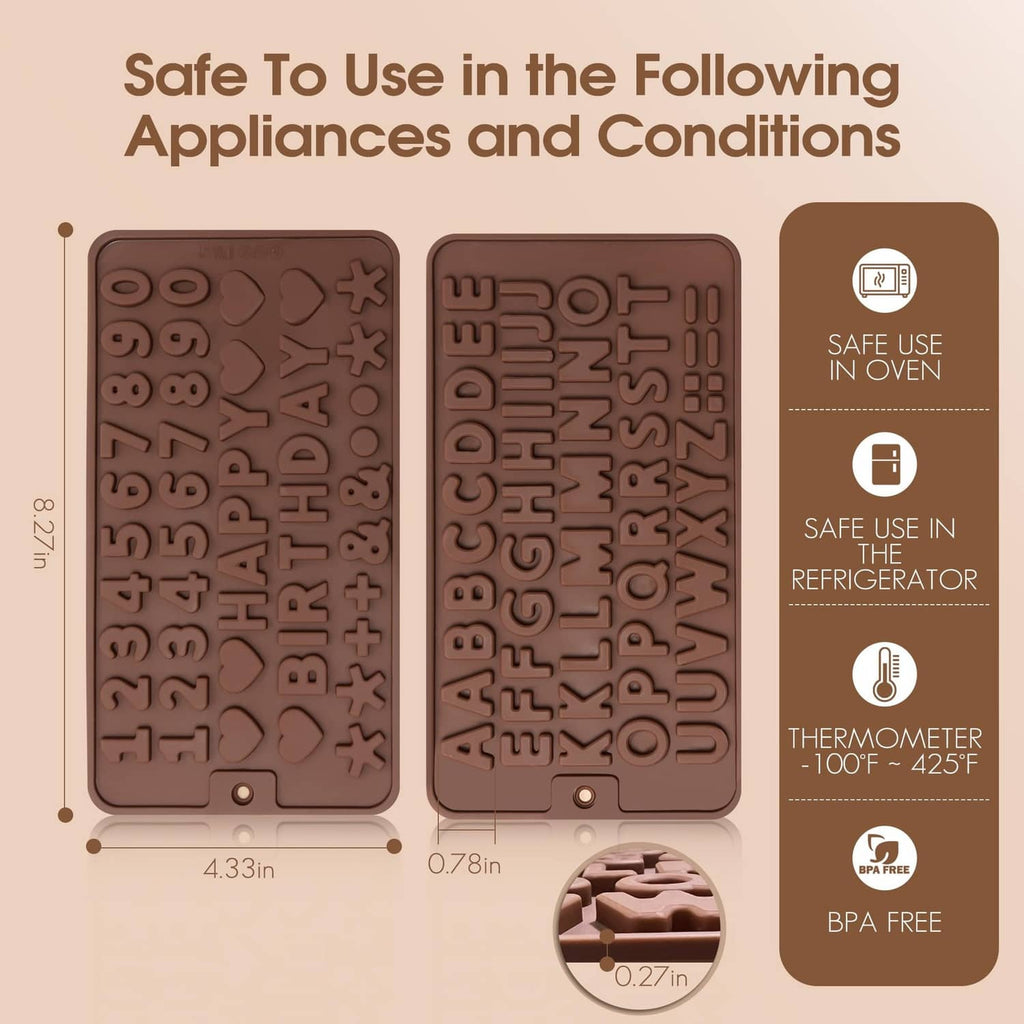 Silicone chocolate letter and number molds with size marks and safe-use icons