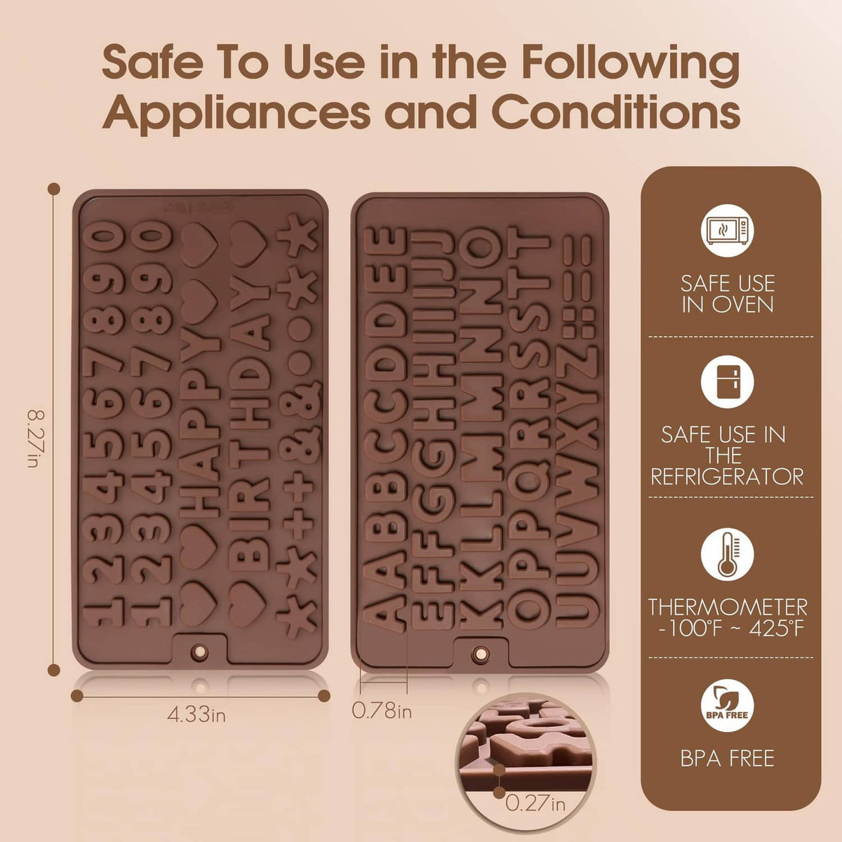 Silicone chocolate letter and number molds with size marks and safe-use icons