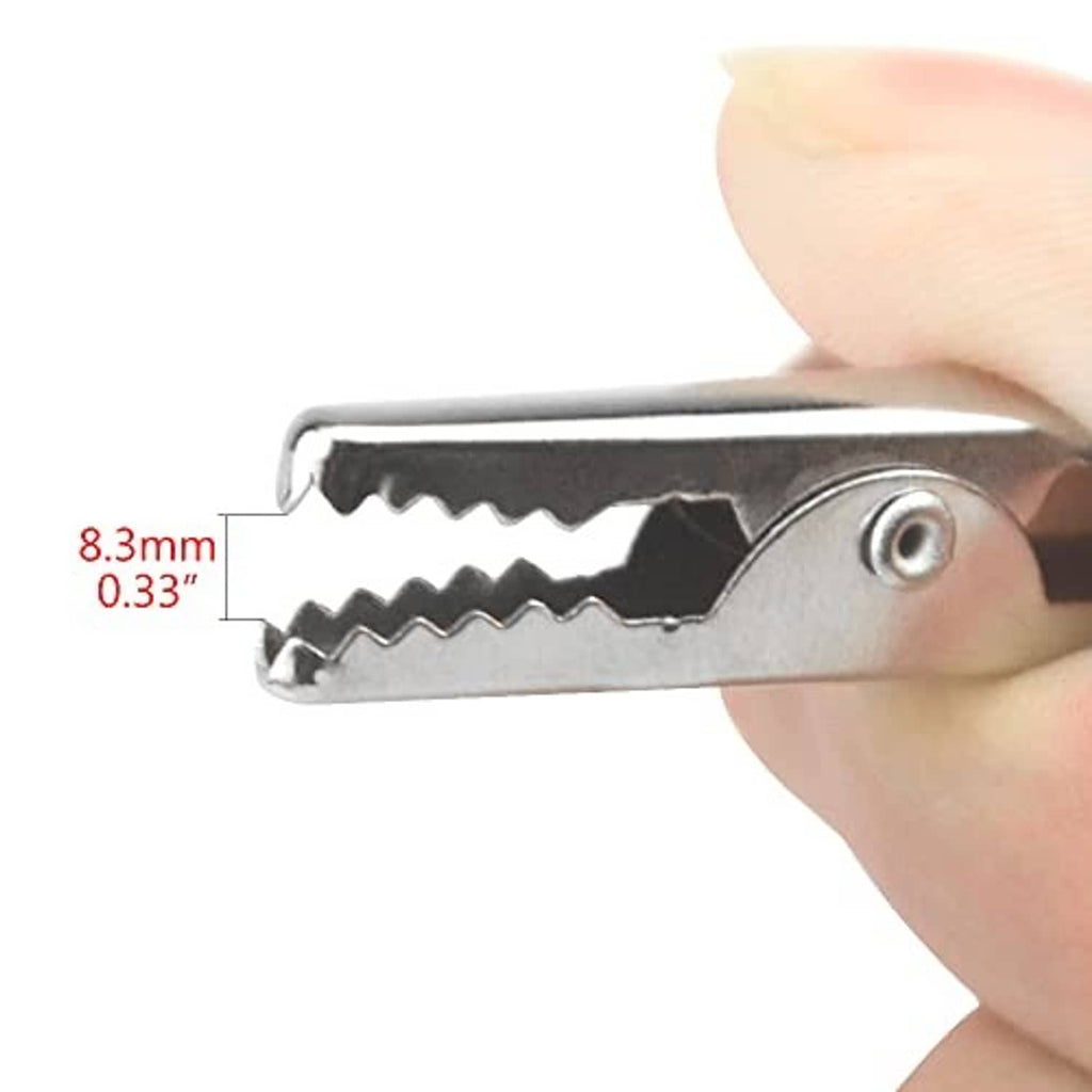 Metal alligator clip close-up with serrated tips, 8.3mm jaw width