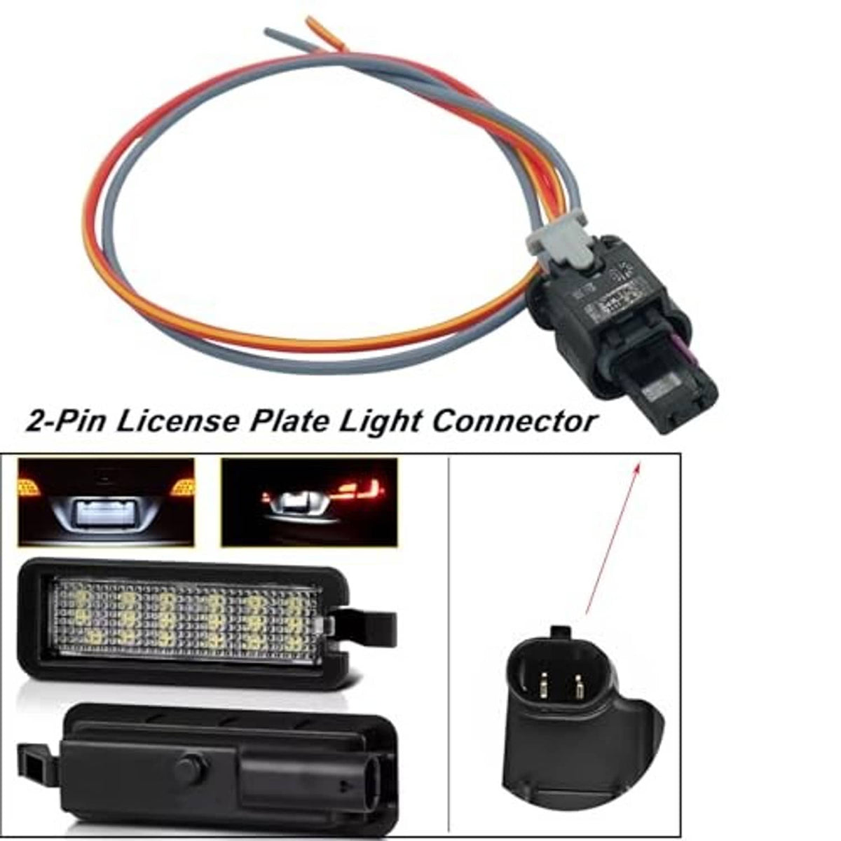 2-pin license plate light connector pigtail with gray housing and orange, red, blue wires