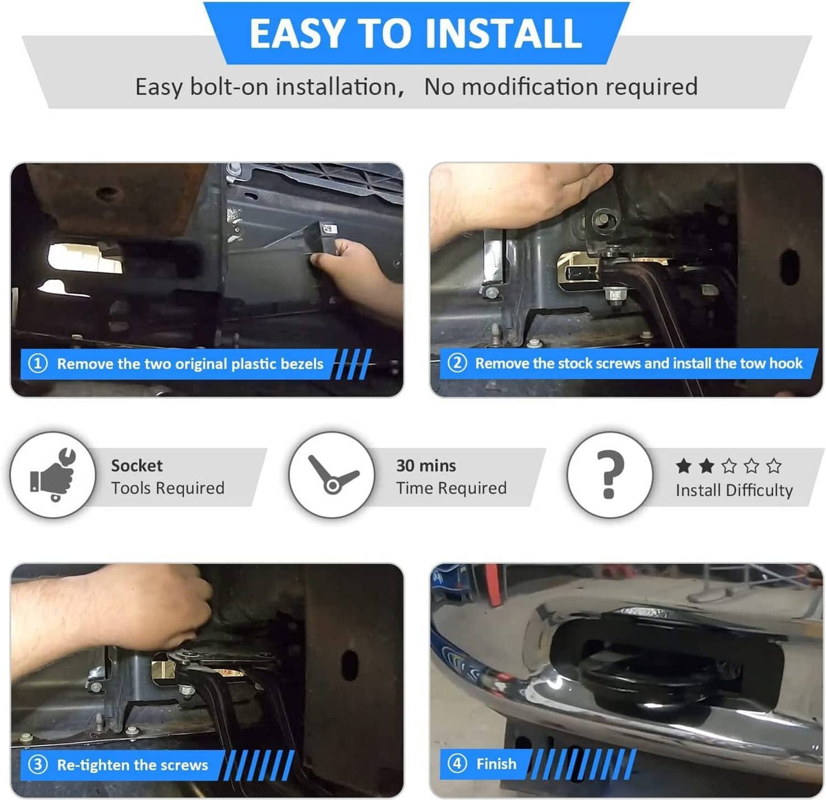 Tow hook bracket kit installed with hands securing the hook using screws