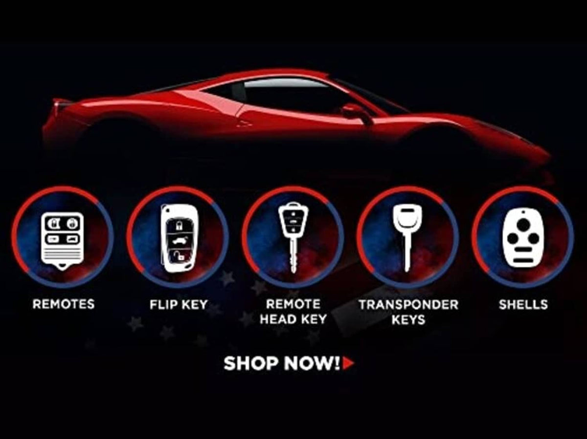 Red car-themed key accessory icons infographic for remotes, flip key, transponder keys