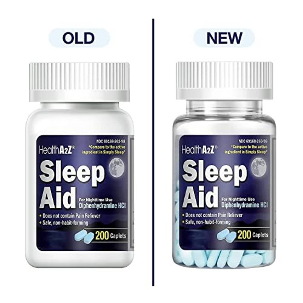 Sleep aid caplets bottle comparison showing old and new packaging sides