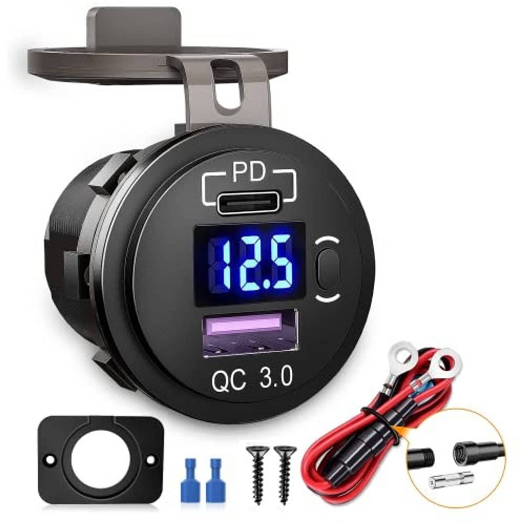 Black USB-C dual-port car charger socket with voltmeter screen and QC 3.0 port