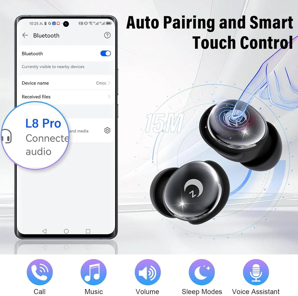 Black earbuds for auto pairing with smartphone screen and smart touch control icons
