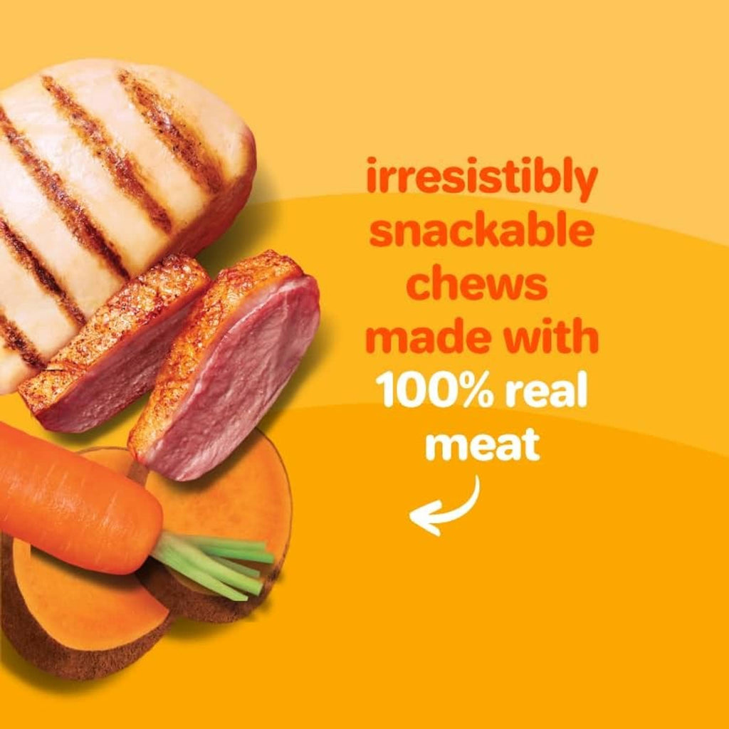 Dog chew kabob treats with carrot and sliced meat pieces