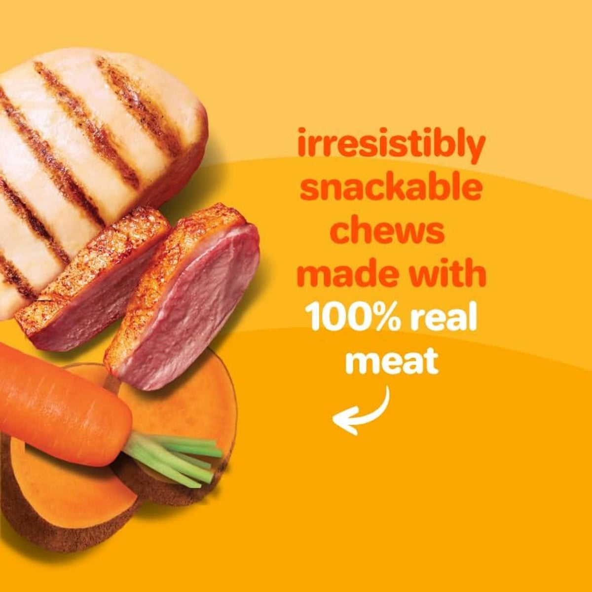 Dog chew kabob treats with carrot and sliced meat pieces