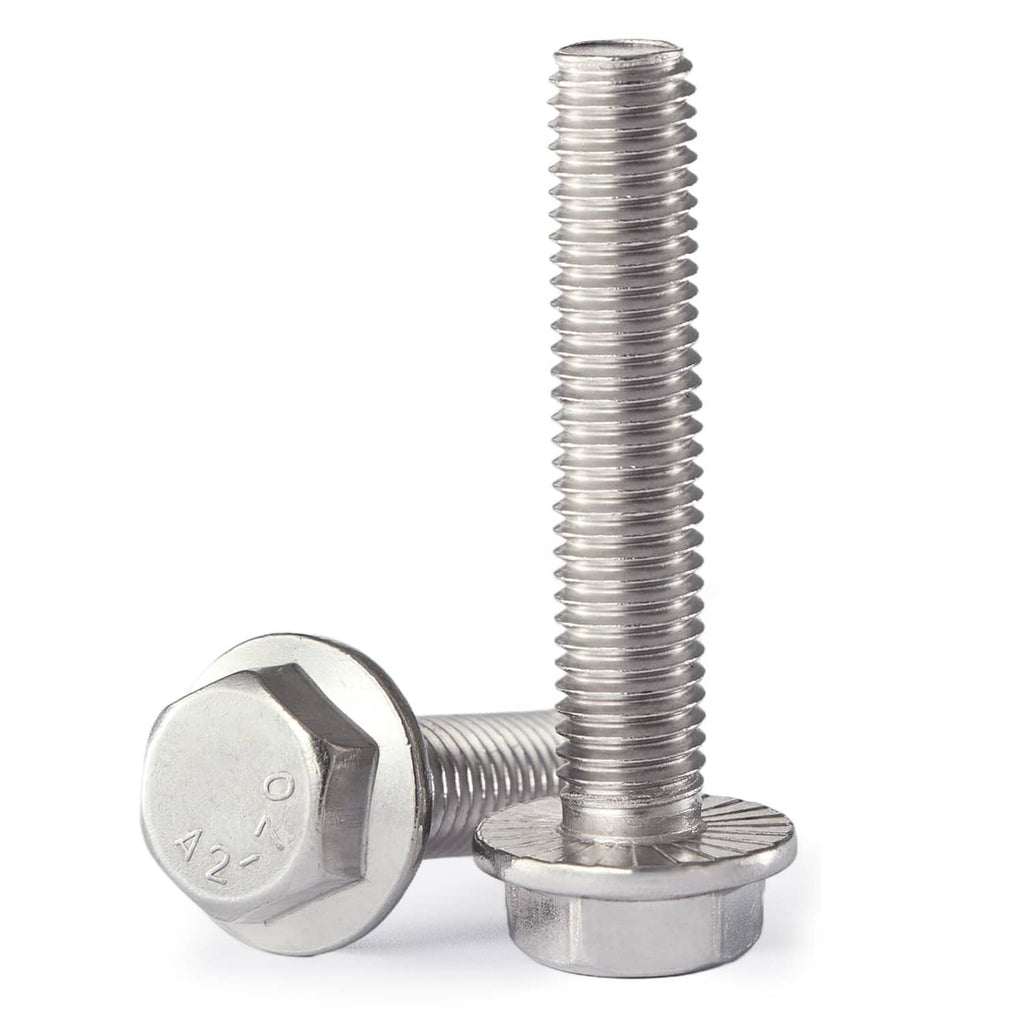 Silver flanged hex head bolt with washer-like base and sharp visible threads