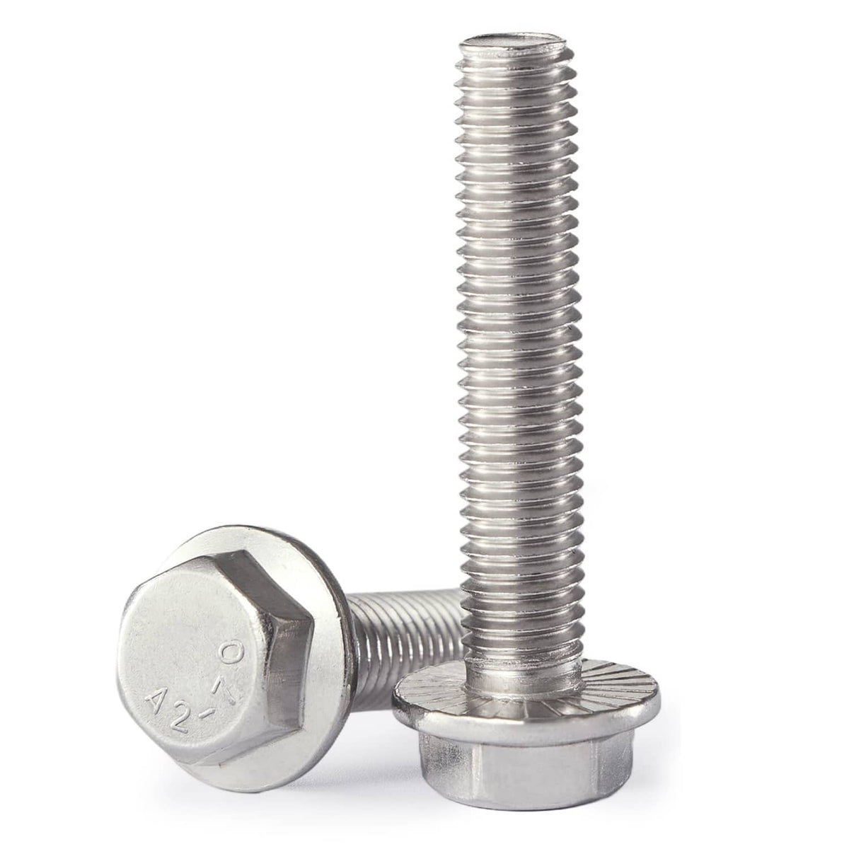 Silver flanged hex head bolt with washer-like base and sharp visible threads