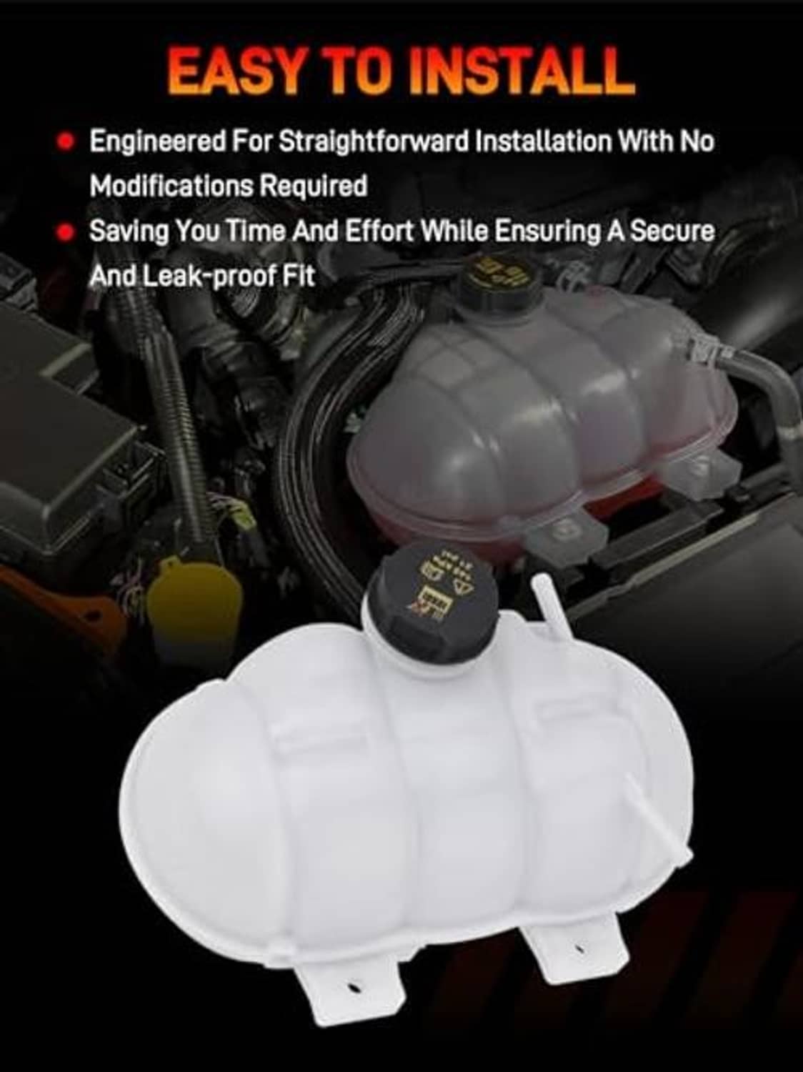 White coolant expansion tank with black cap, front view in engine compartment