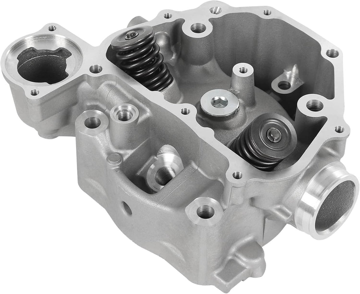 Silver cylinder head housing with valve springs, ports, and mounting holes