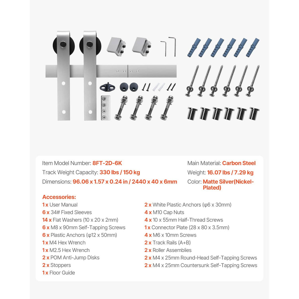 Silver barn door hardware kit parts: track brackets, rollers, screws, and anchors