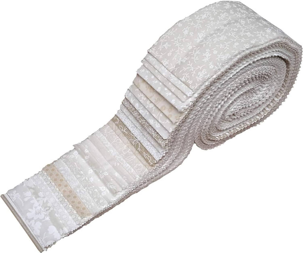 Neutral tone-on-tone quilting fabric jelly roll, side view of rolled 2.5-inch strips
