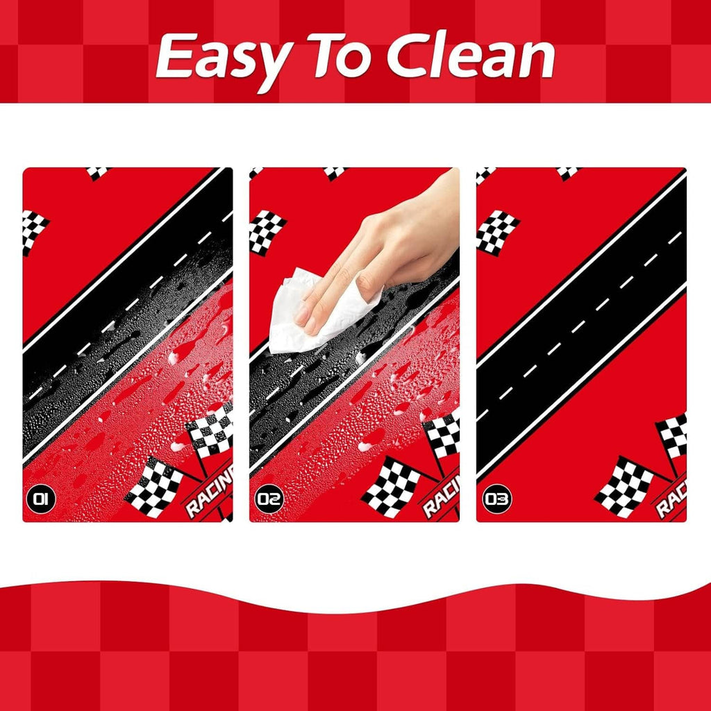 Racing car tablecloth with cleaning wipe icons over checkered flag design