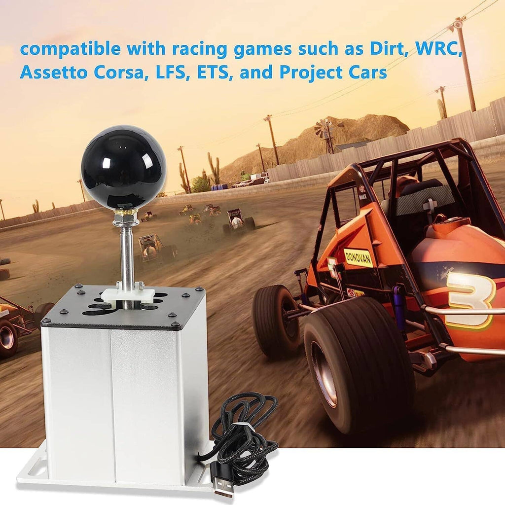 USB gear shifter with black knob, metal lever, and white base for sim racing setups