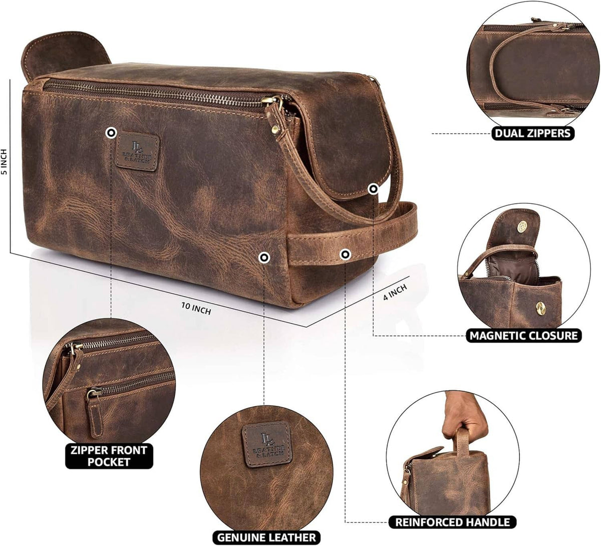 Brown leather toiletry bag with dual zippers, front pocket, and handle strap