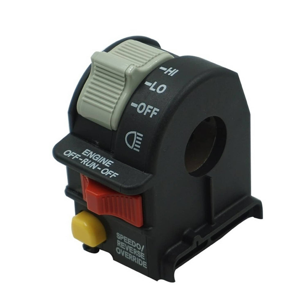 Left handlebar switch with black body, gray roller dial, red rocker, yellow lever