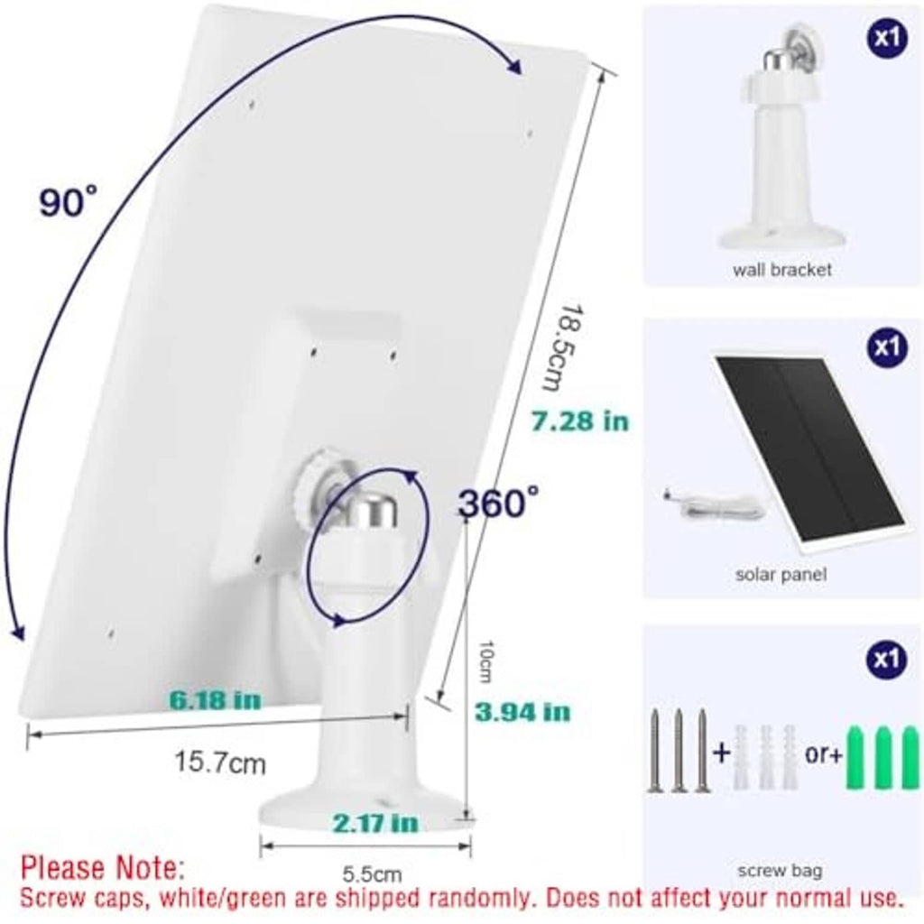 Solar panel charger diagram showing mounting bracket, dimensions, and included parts