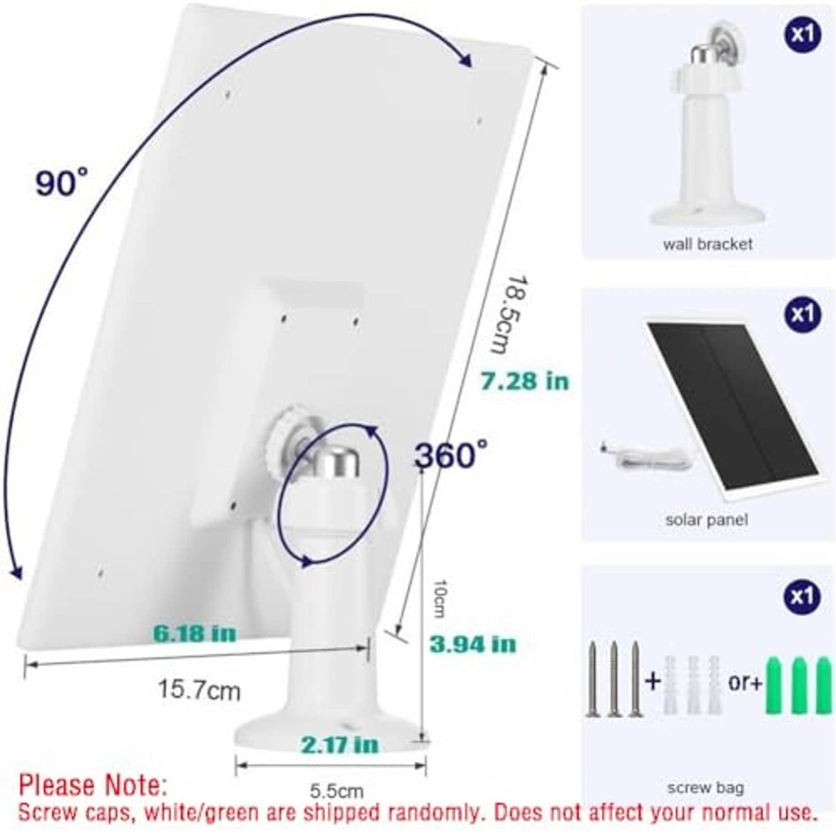 Solar panel charger diagram showing mounting bracket, dimensions, and included parts