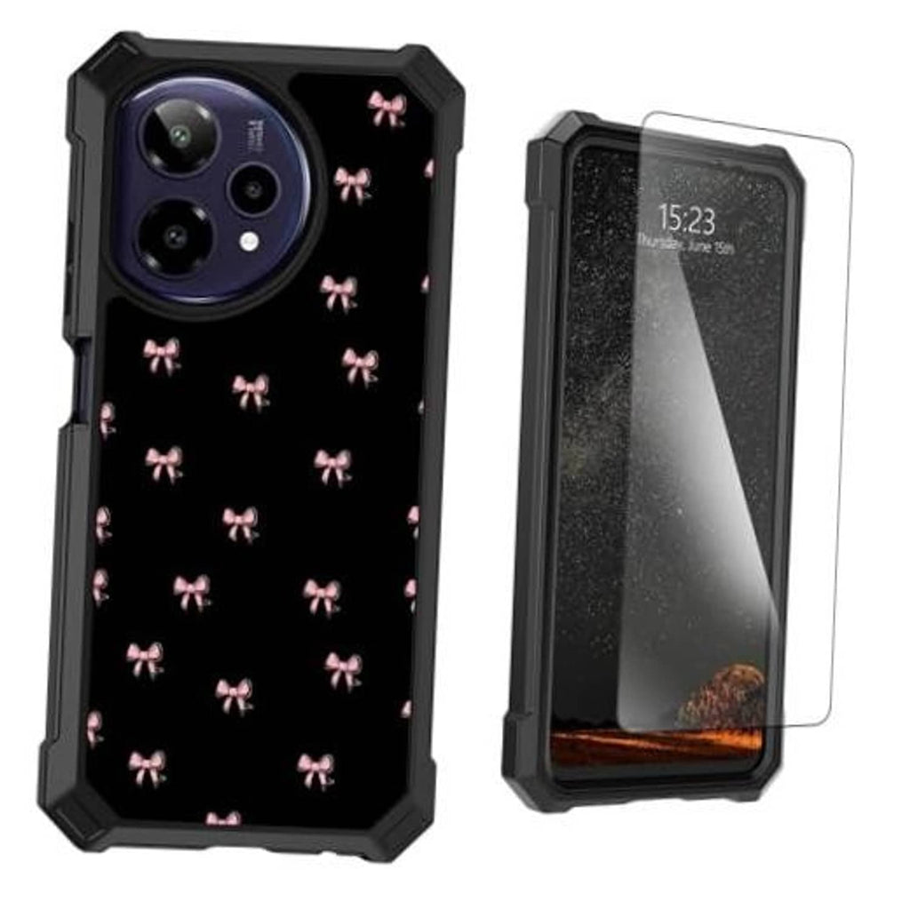 Dual-layer phone case with pink bow pattern and clear screen protector, black border