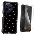 Dual-layer phone case with pink bow pattern and clear screen protector, black border