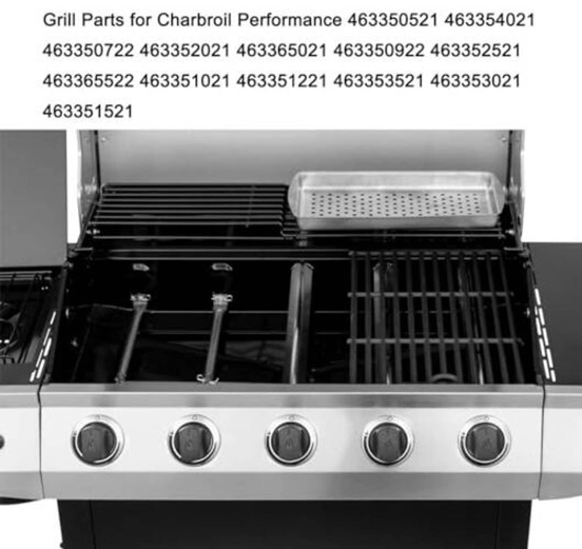 Open gas grill with stainless burner tubes and cooking grates
