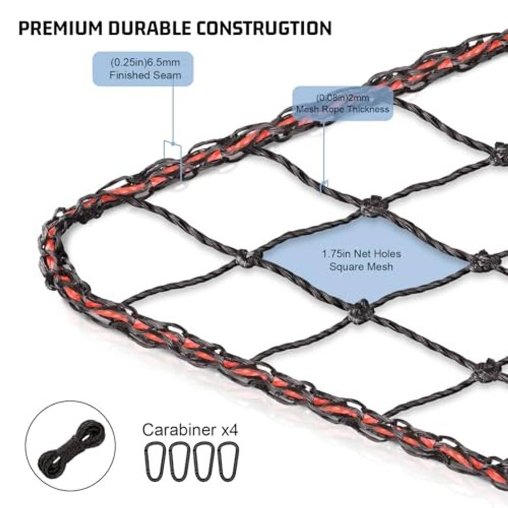 Heavy-duty sports netting with black-and-orange edge rope and square mesh holes