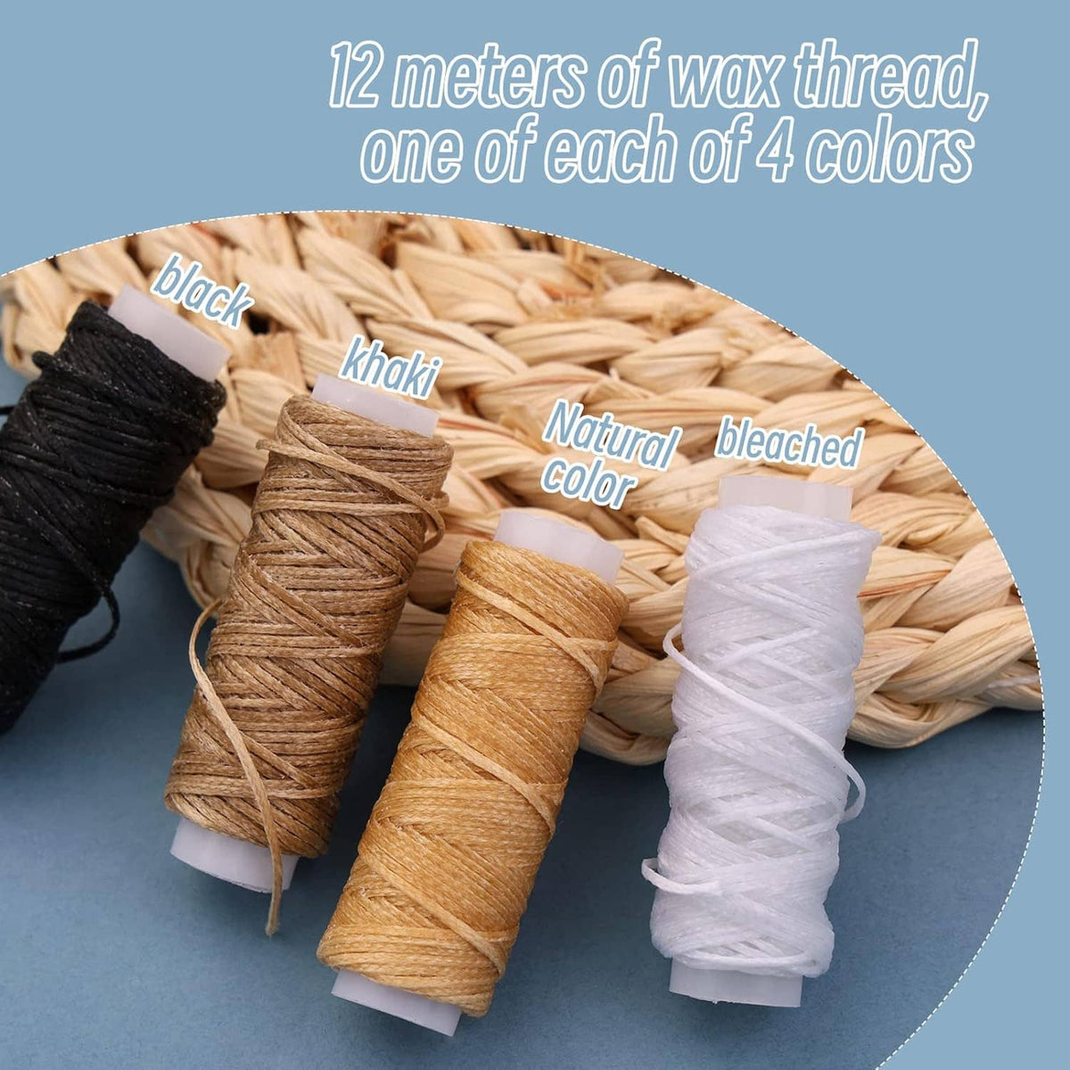 Wax thread spools in black, khaki, natural, and bleached white for book binding