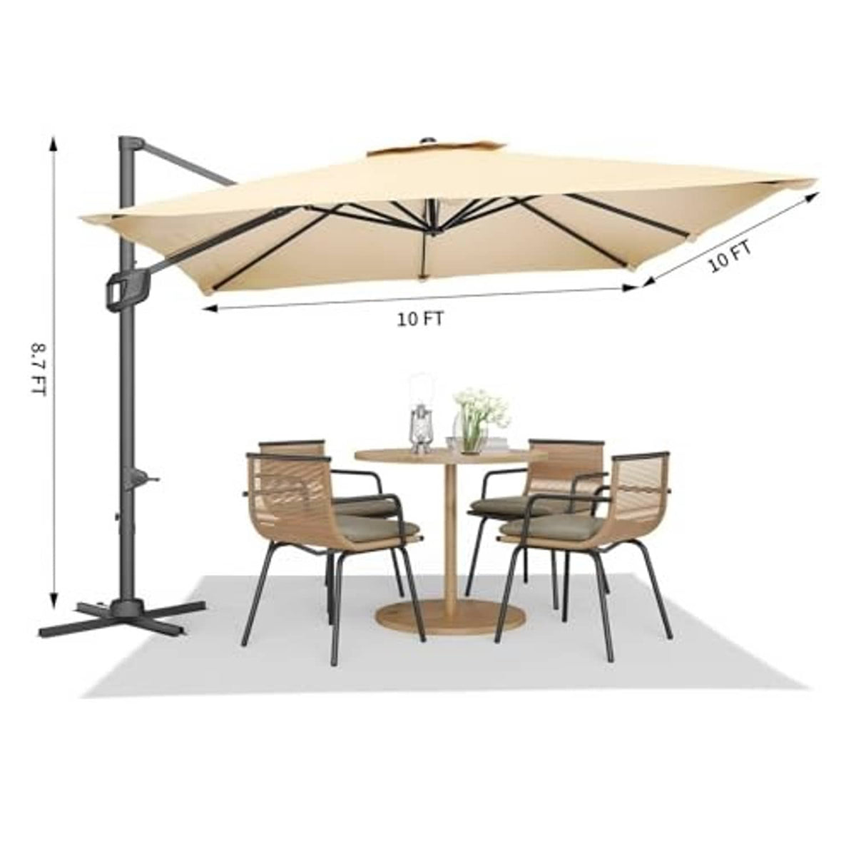 Beige cantilever patio rectangle umbrella showing 10 ft length and 10 ft width