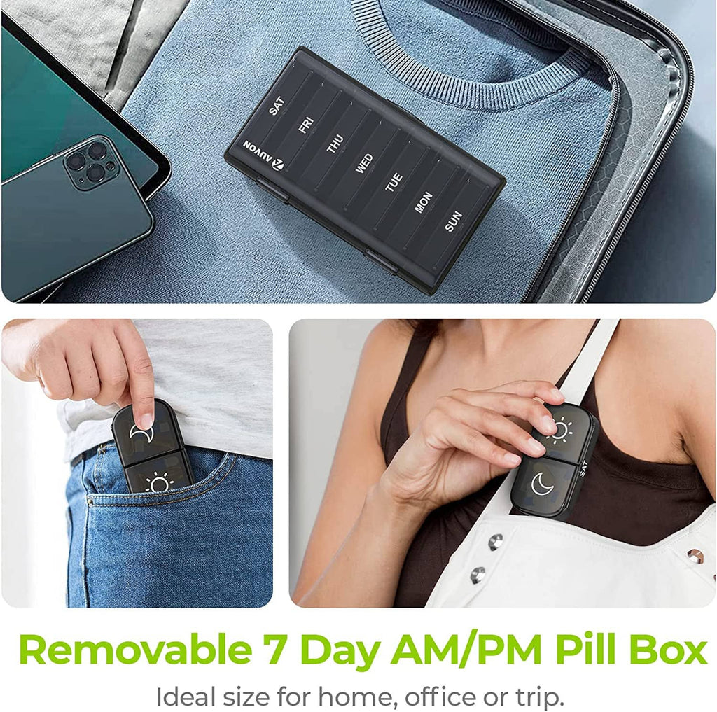 Removable weekly AM/PM pill box with snap lid, opened by hand, black plastic