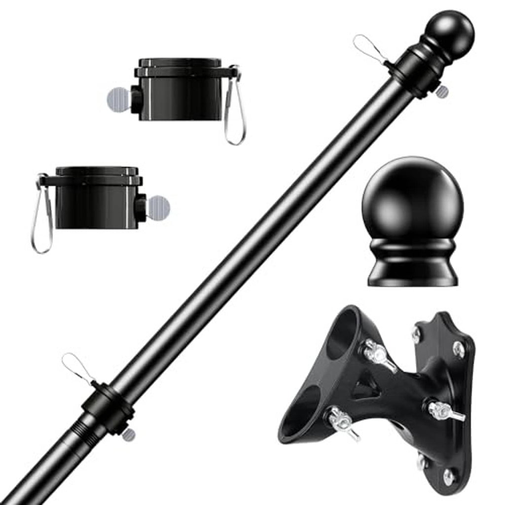 Black flag pole kit with ball finial, anti-twist clip rings, and wall-mount bracket