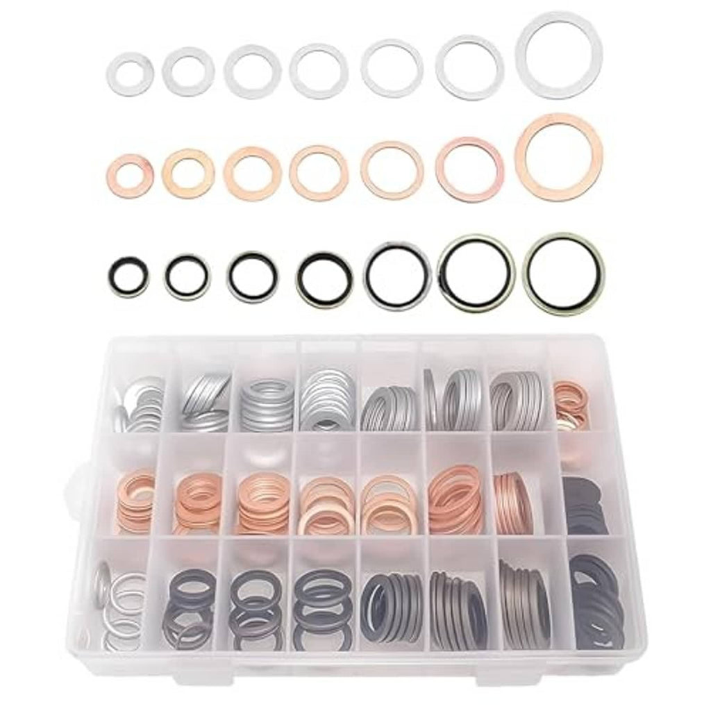 Oil drain plug crush washer assortment kit with loose aluminum, copper, and dark washers