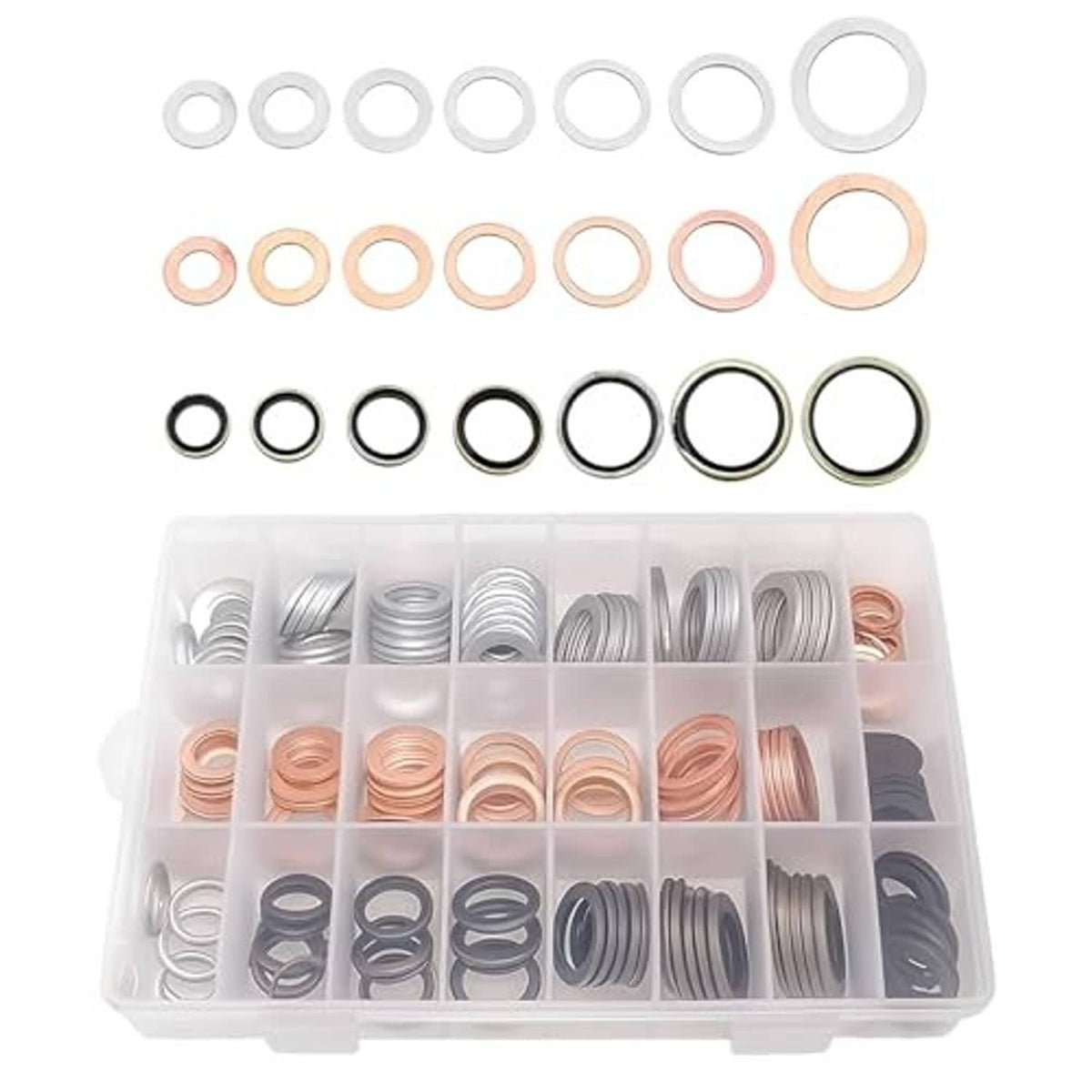 Oil drain plug crush washer assortment kit with loose aluminum, copper, and dark washers