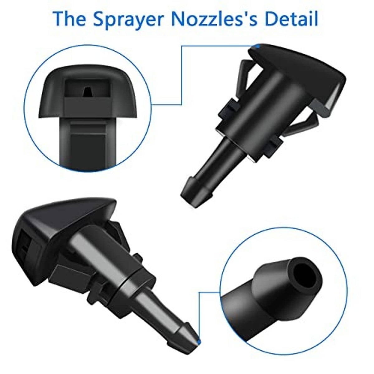 Black windshield washer spray nozzles with connectors, shown in detail angles