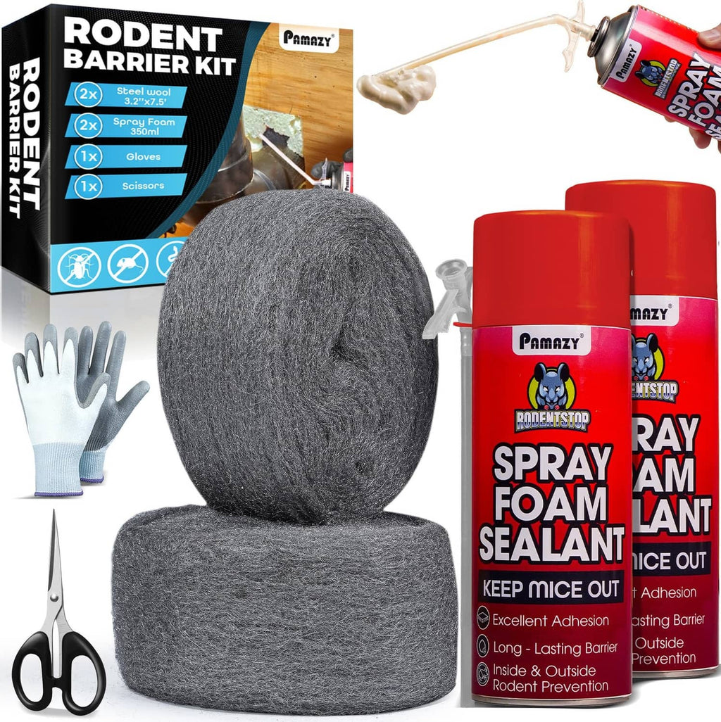 Rodent barrier kit with gray steel wool pads and red PU spray foam sealant cans
