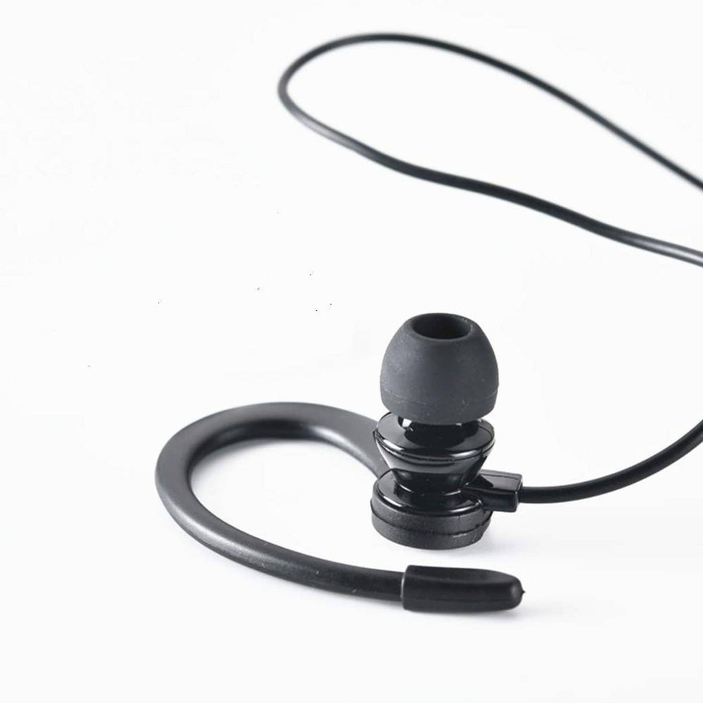 Black in-ear earbuds with earhook and inline cable design for secure fit.