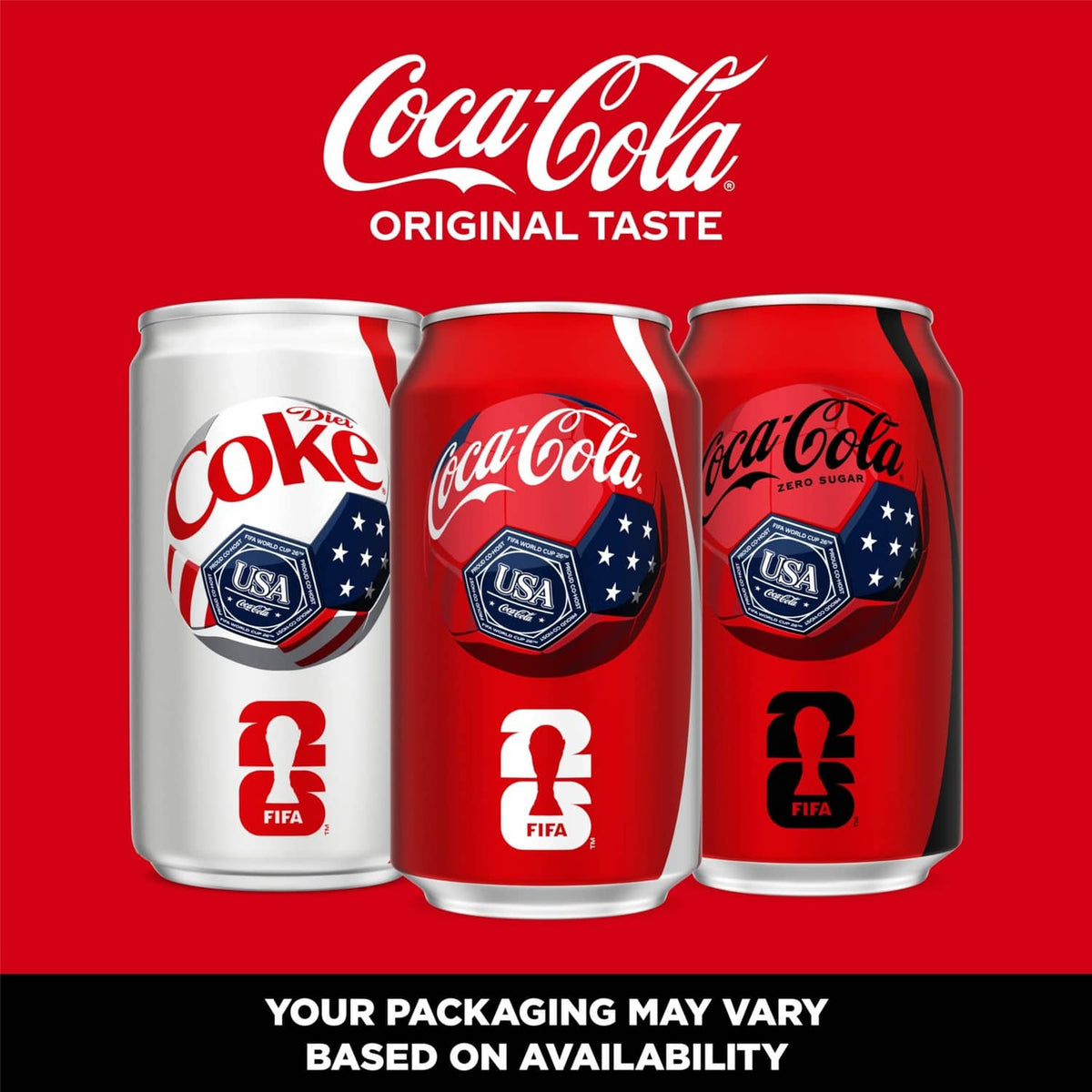 Coca-Cola Original Taste soda cans pack of three with FIFA and USA badges