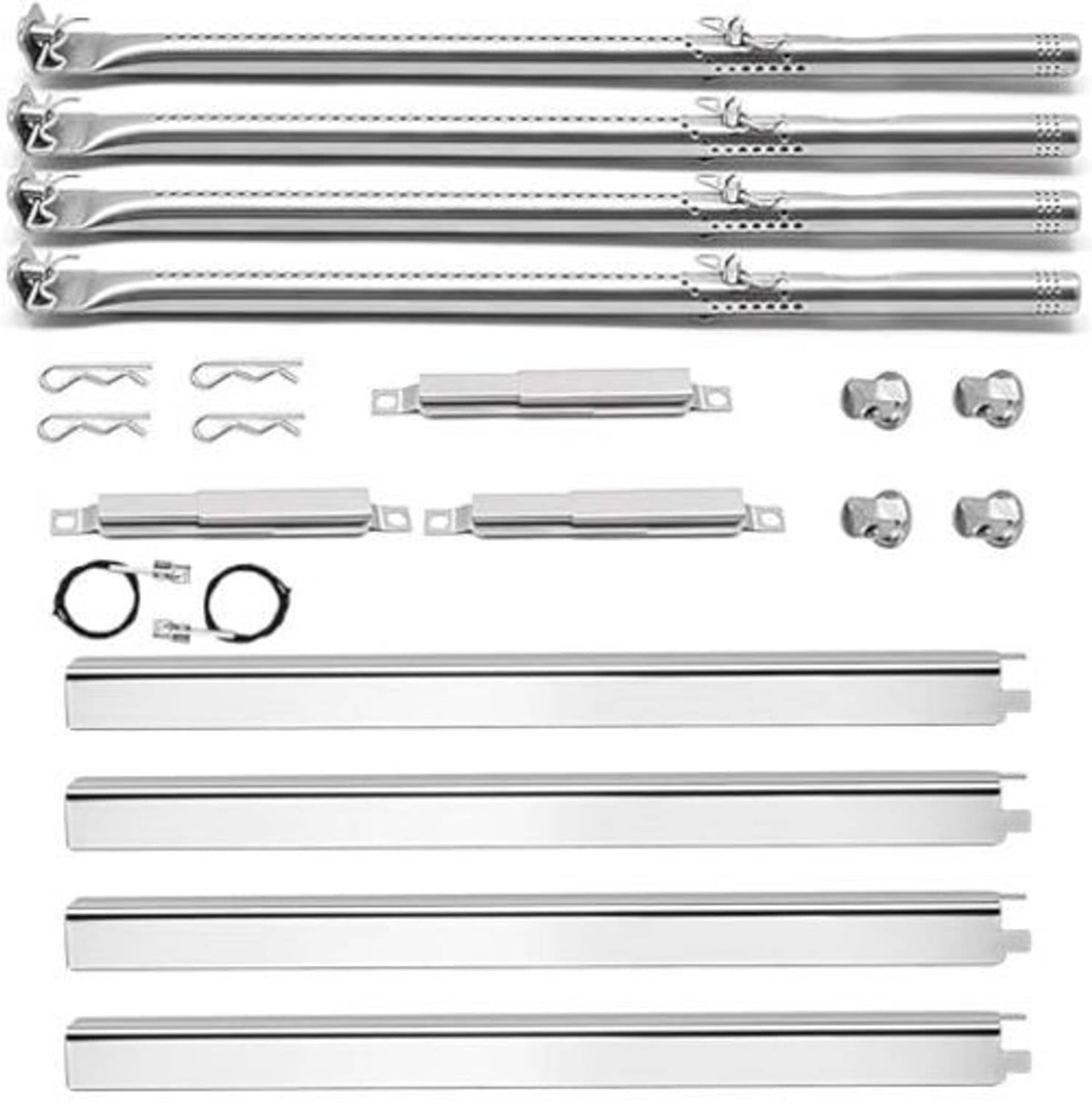 Stainless steel burner tubes and hardware kit, including brackets, screws, and gaskets