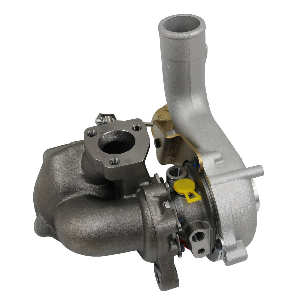 Turbocharger with yellow actuator tab, silver housing, black turbine opening, gold part